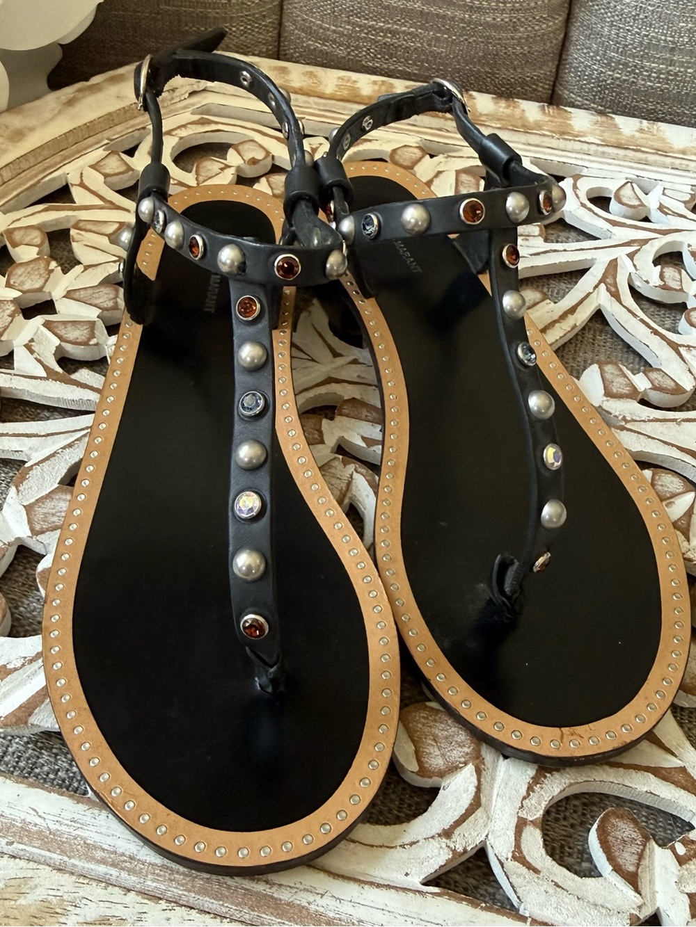 Isabel Marant Black Studded T-Strap Sandals Shoes 38 7.5